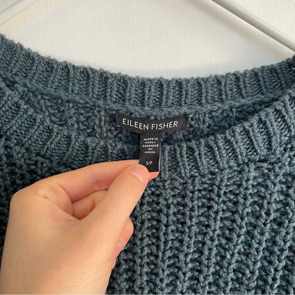 Eileen Fisher Chunky Knit Cotton Sweater Blue Ribbed Crew Neck Raglan Sleeve S P - Picture 9 of 13